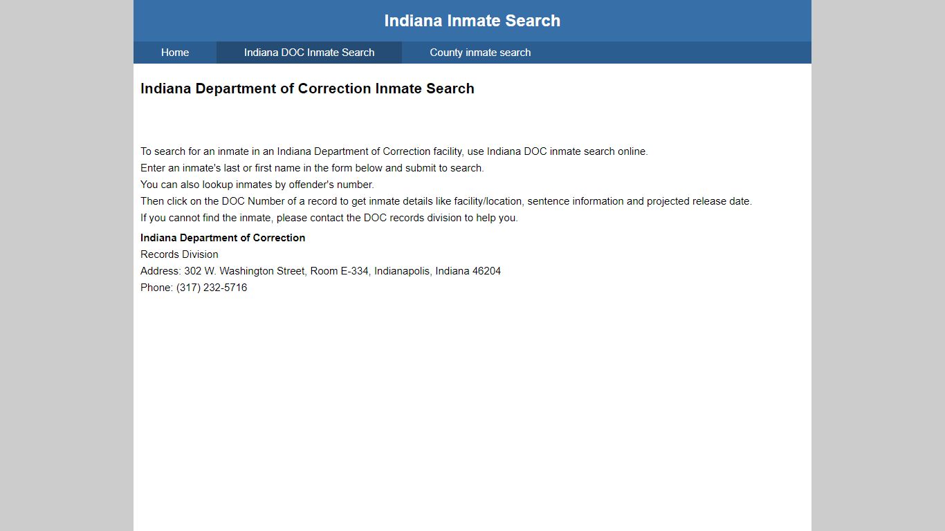 Indiana Department of Correction Inmate Search